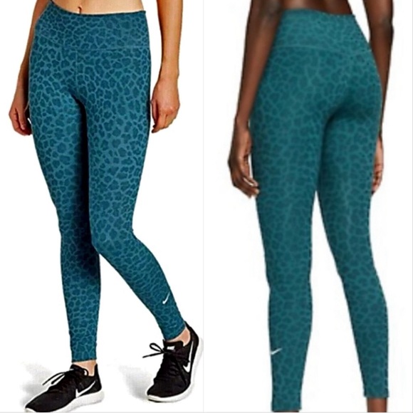 Nike Dri-Fit Teal Blue Glitter Leopard Print Full Length Athletic Legging Small - Picture 1 of 8